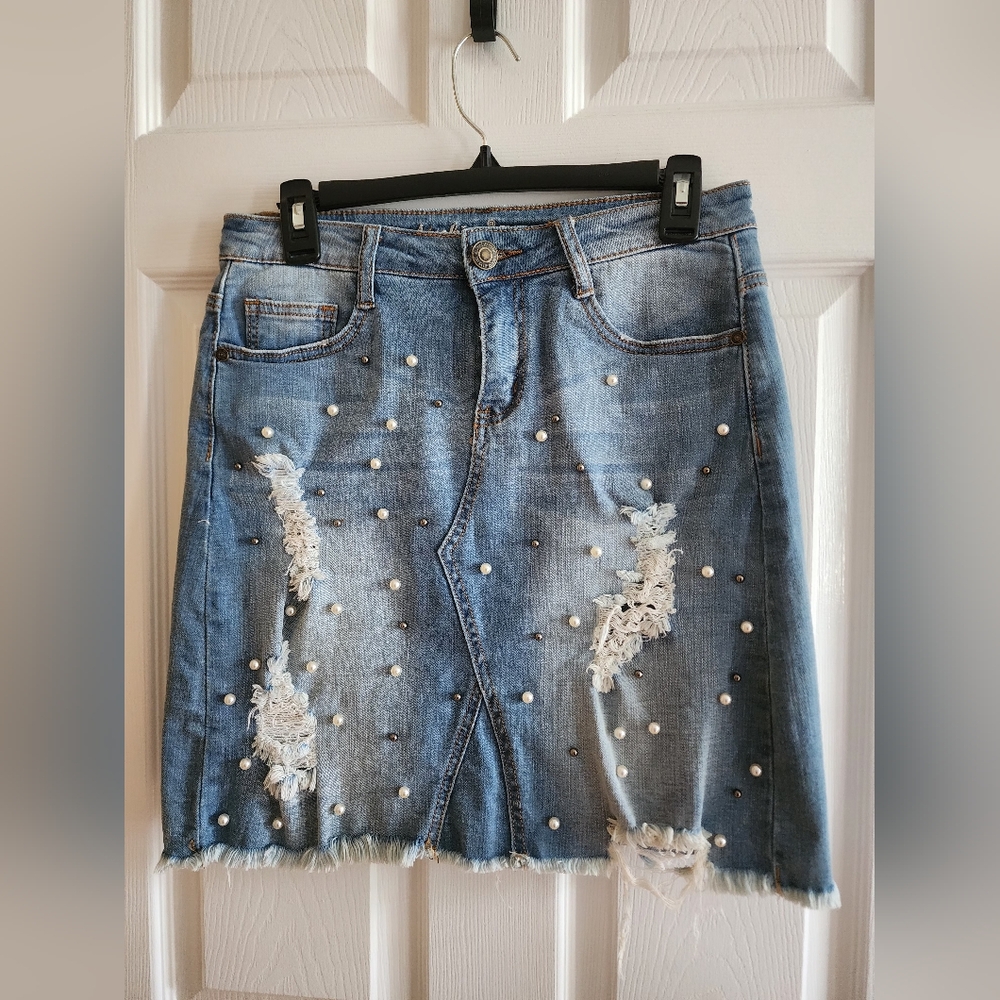 Machine Blue and White Embellished Pencil Skirt